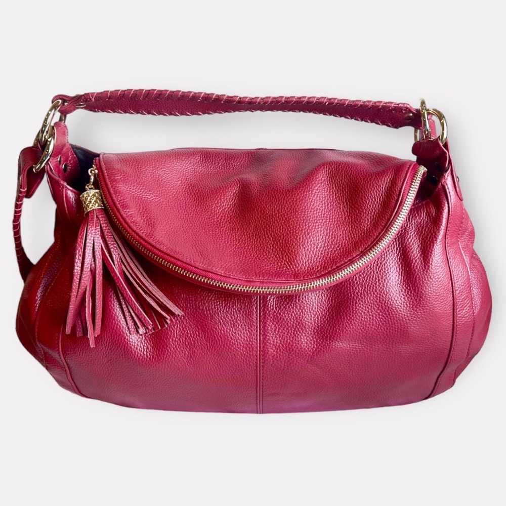 Onna Ehrlich "Rachel" Red Pebbled Leather Large Hobo Bag Crossbody Strap